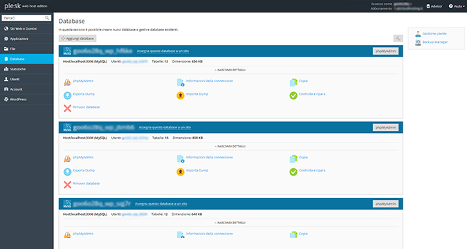Plesk, gestione database