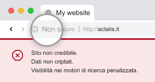 La barra degli indirizzi di un browser presenta la dicitura 'non sicuro' accanto all'URL. Il sito non è credibile, i dati non sono criptati e la visibilità nei motori di ricerca è penalizzata.