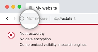 The address bar of a browser shows a 'not secure' message next to the URL. The site is not trustworthy, the data are not encrypted and the site's visibility for the search engines is compromised.