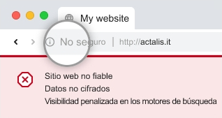 La barra de dirección de un navegador señala el sitio web como 'no seguro'. El sito no es fiable, sus datos no estan cifrados y su visibilidad en los motores de busqueda está penalizada.